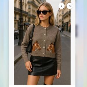 Dreamers by debut Cozy Taupe Beige Cardigan with Horses buttons down